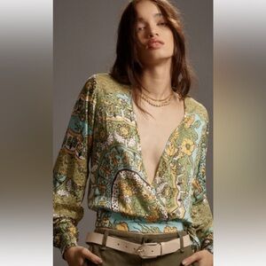 TINY Anthropologie Steffy Top Blouse Crossover Lace Boho Green Yellow Cropped